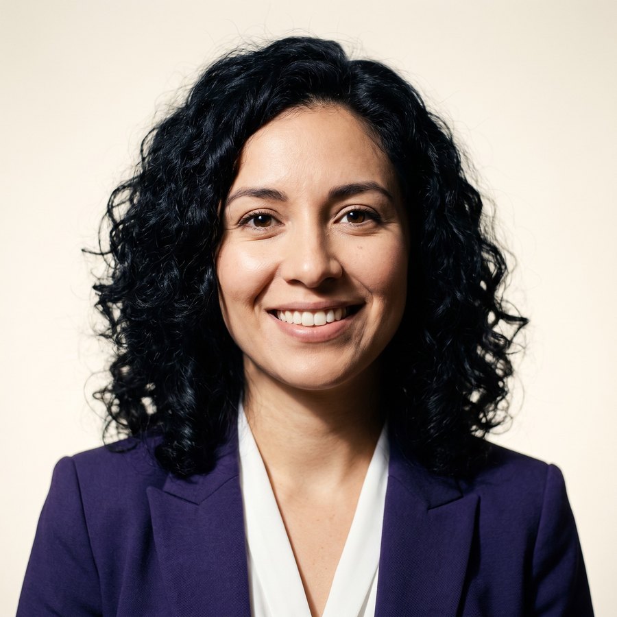 Retrato de Vale: mujer joven mexicana de cabello negro largo, saco violeta y diadema telefónica.