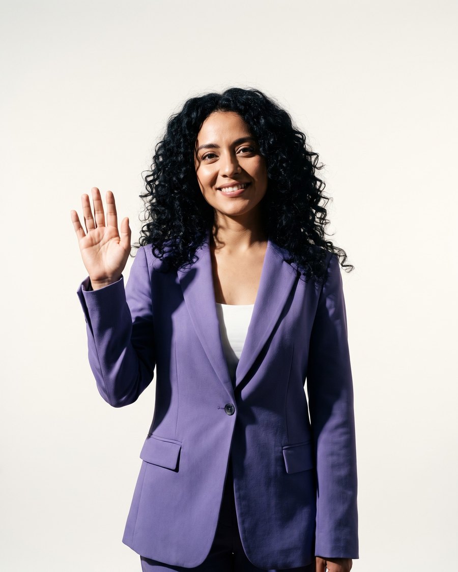 Vale saluda con la mano: mujer joven mexicana de cabello negro largo, saco violeta y diadema telefónica, sobre fondo claro.
